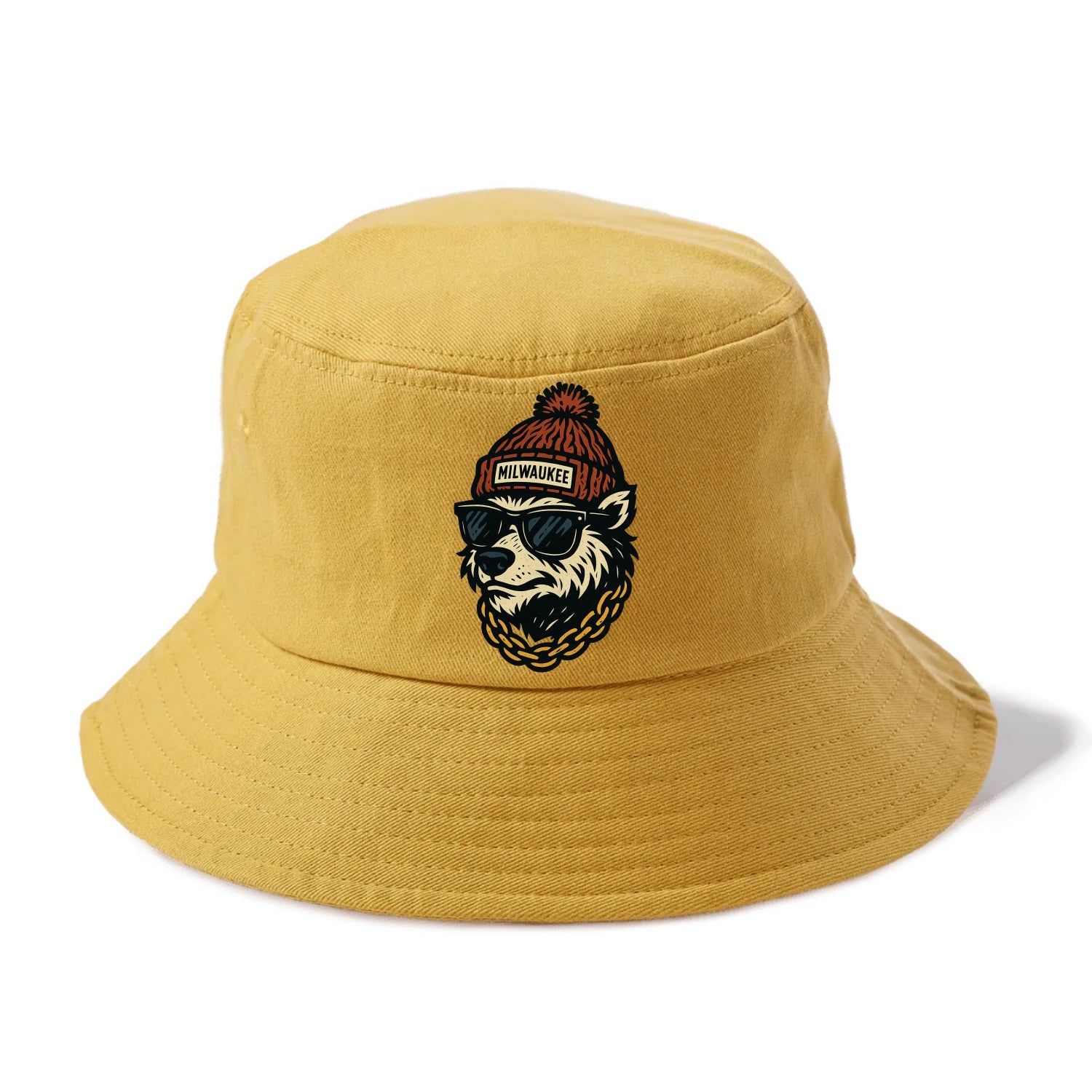 Milwaukee Badger wearing Milwaukee beanie with pom pom and wayfarer sunglasses - Bucket Hat - Golden Harvest(Yellow)