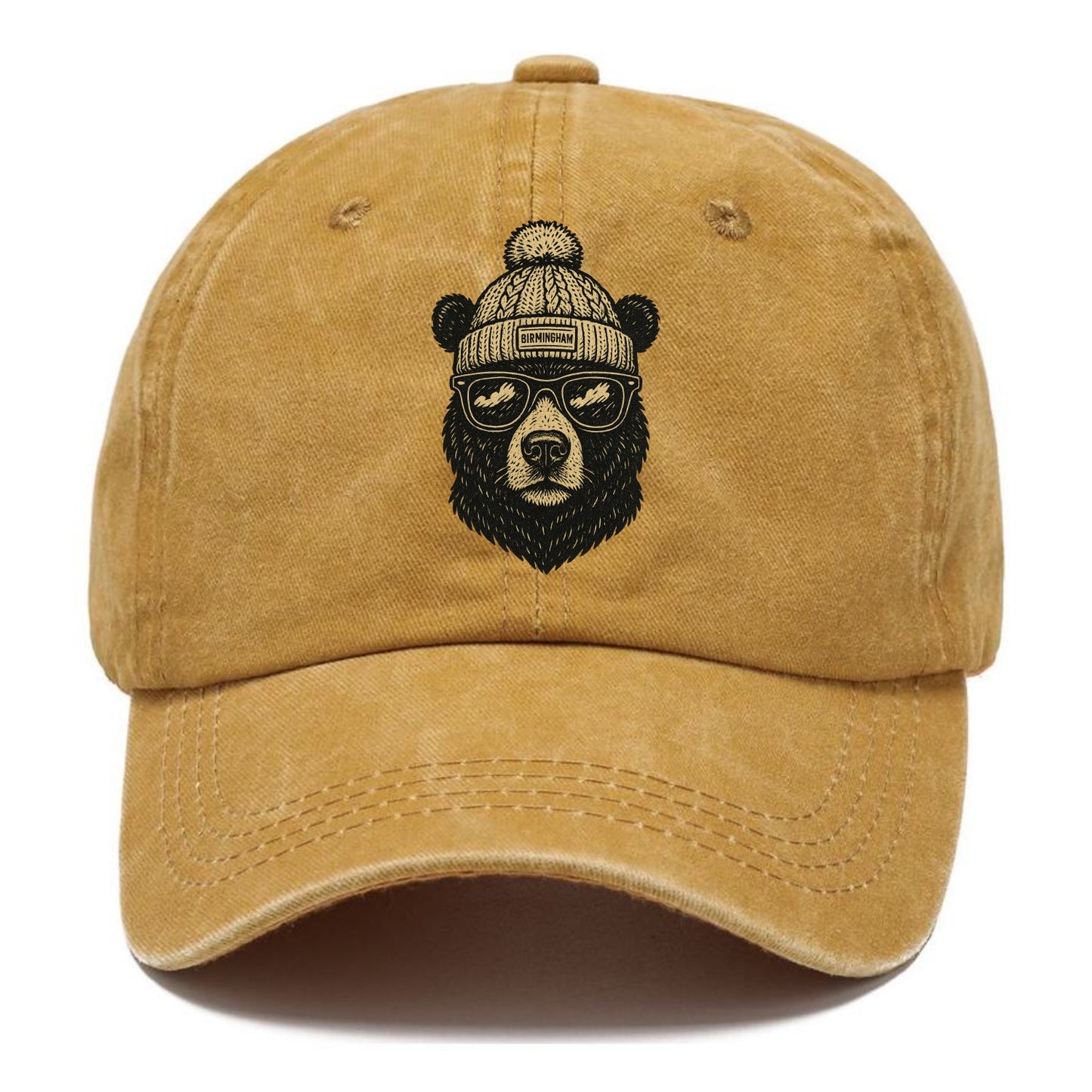 Alabama Black Bear wearing Birmingham beanie with pom pom and wayfarer sunglasses - Classic Cap - Golden Harvest(Yellow)