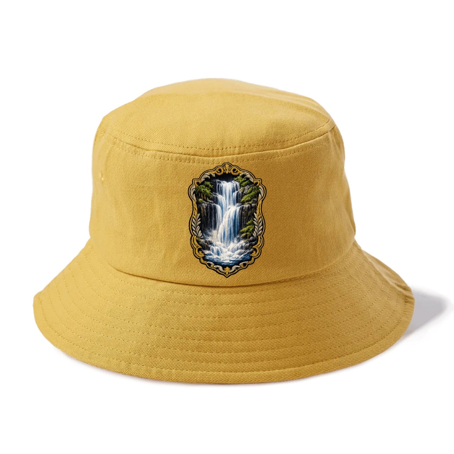 WATERFALL CASCADE - falling water with mist in blue and white , nature wonder - Bucket Hat - Golden Harvest(Yellow)