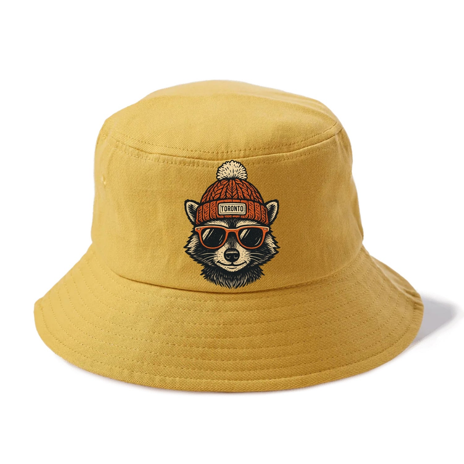 Toronto Raccoon wearing Toronto beanie with pom pom and wayfarer sunglasses - Bucket Hat - Golden Harvest(Yellow)