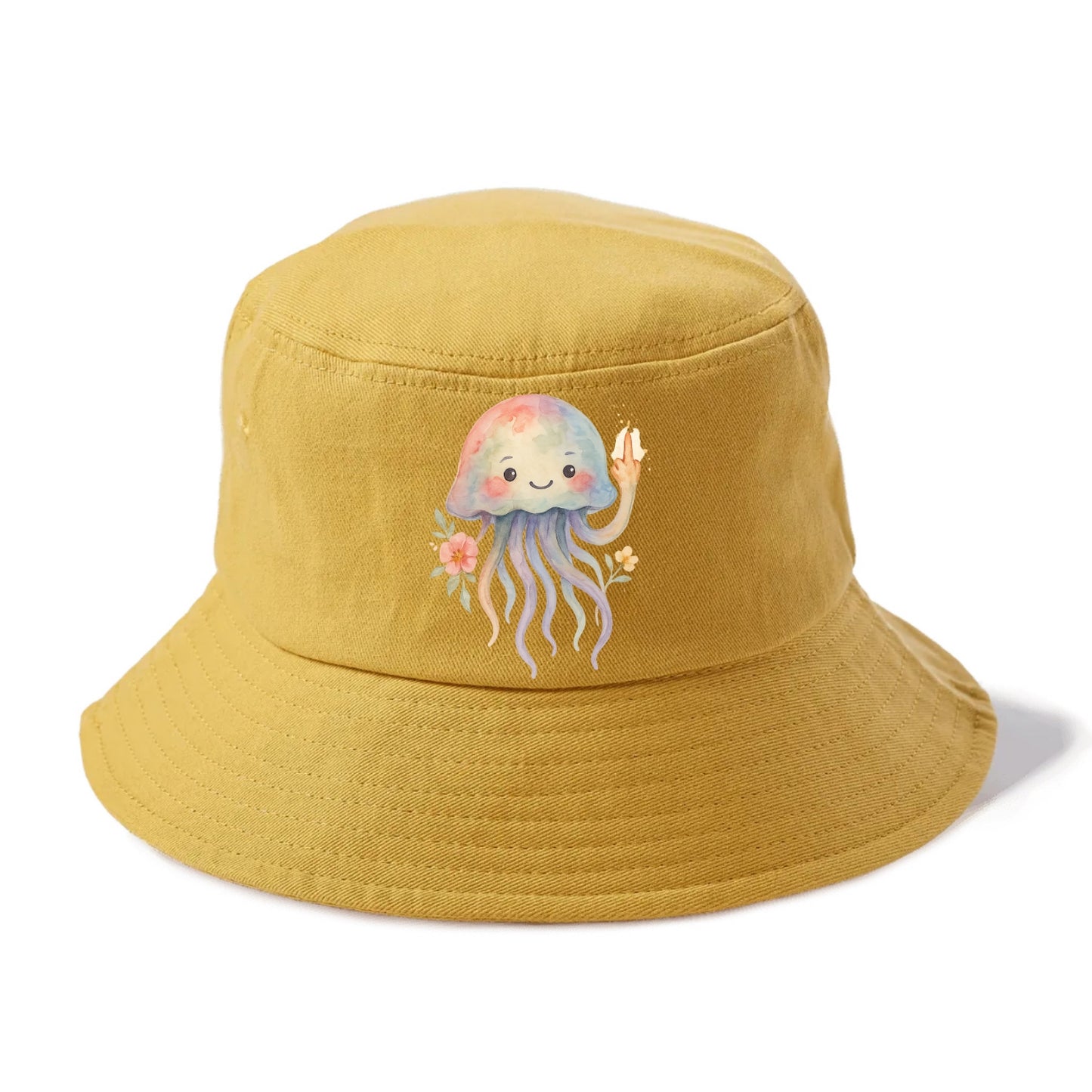 jellyfish with kawaii face and tentacles, one tentacle pointing up defiantly - Bucket Hat - Golden Harvest(Yellow)
