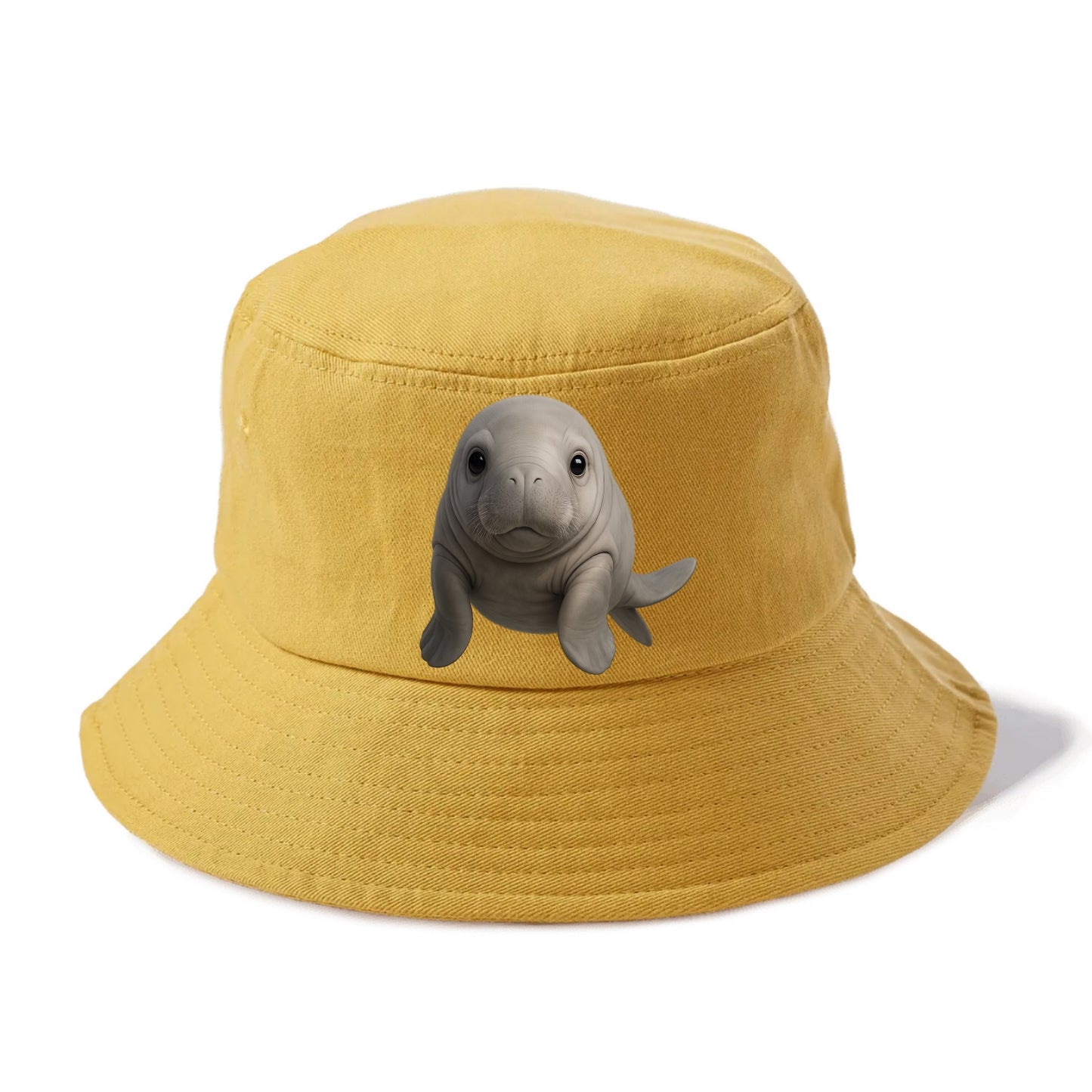 Baby Dugong - gray with paddle tail, gentle expression, whiskers, front-facing, sweet - Bucket Hat - Golden Harvest(Yellow)