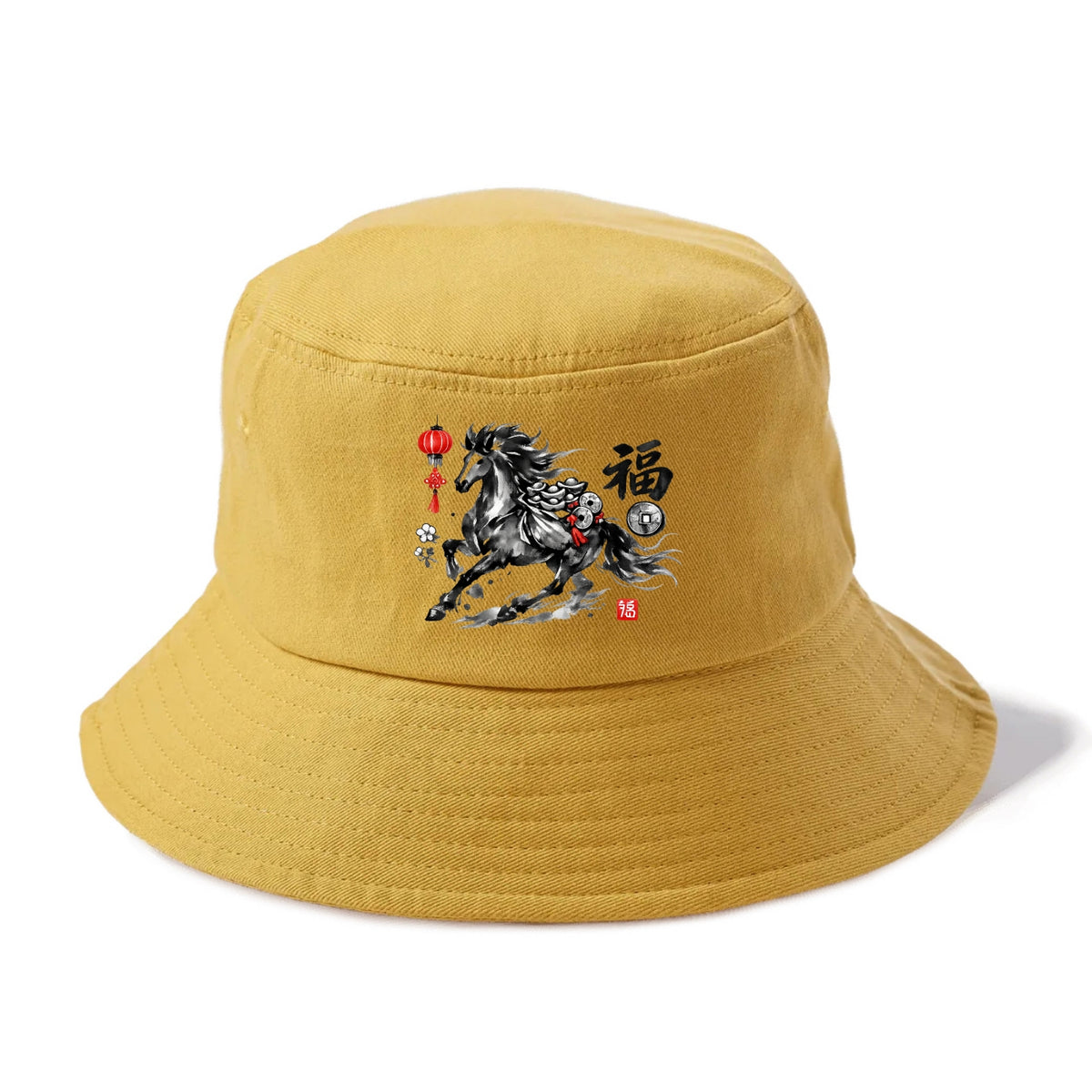 PROSPERITY HORSE | Horse carrying gold ingots and coins | Chinese knot decorations | - Bucket Hat - Golden Harvest(Yellow)