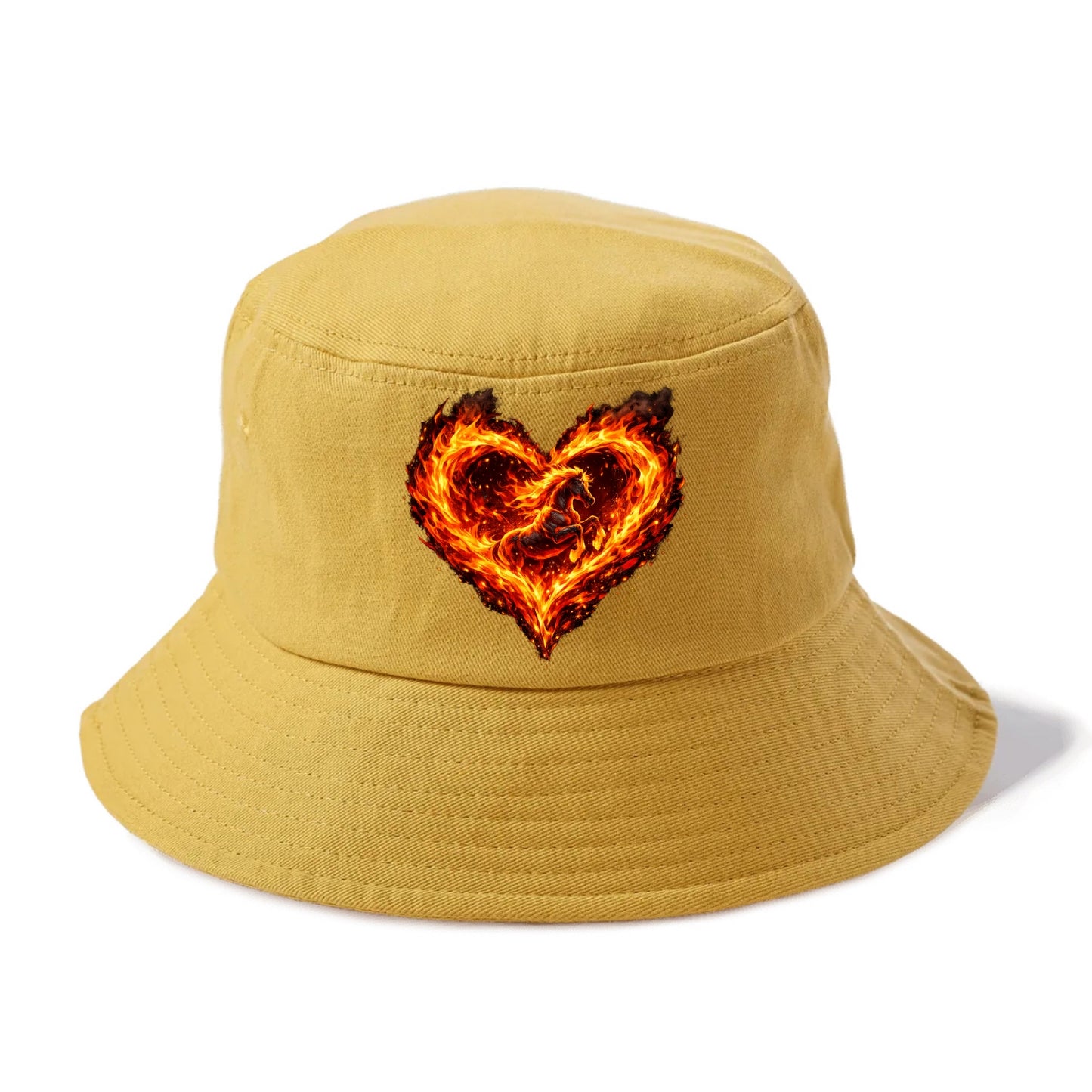 HEART OF FIRE | Flaming heart with horse silhouette inside | Passion embodied | Love - Bucket Hat - Golden Harvest(Yellow)