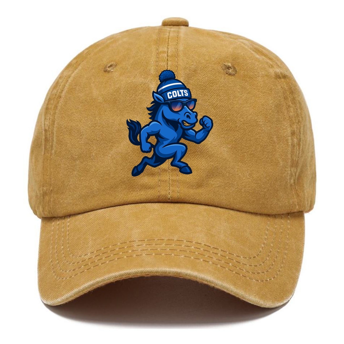 Indianapolis Colt Horse wearing Colts blue and white beanie with pom pom and wayfarer - Classic Cap - Golden Harvest(Yellow)