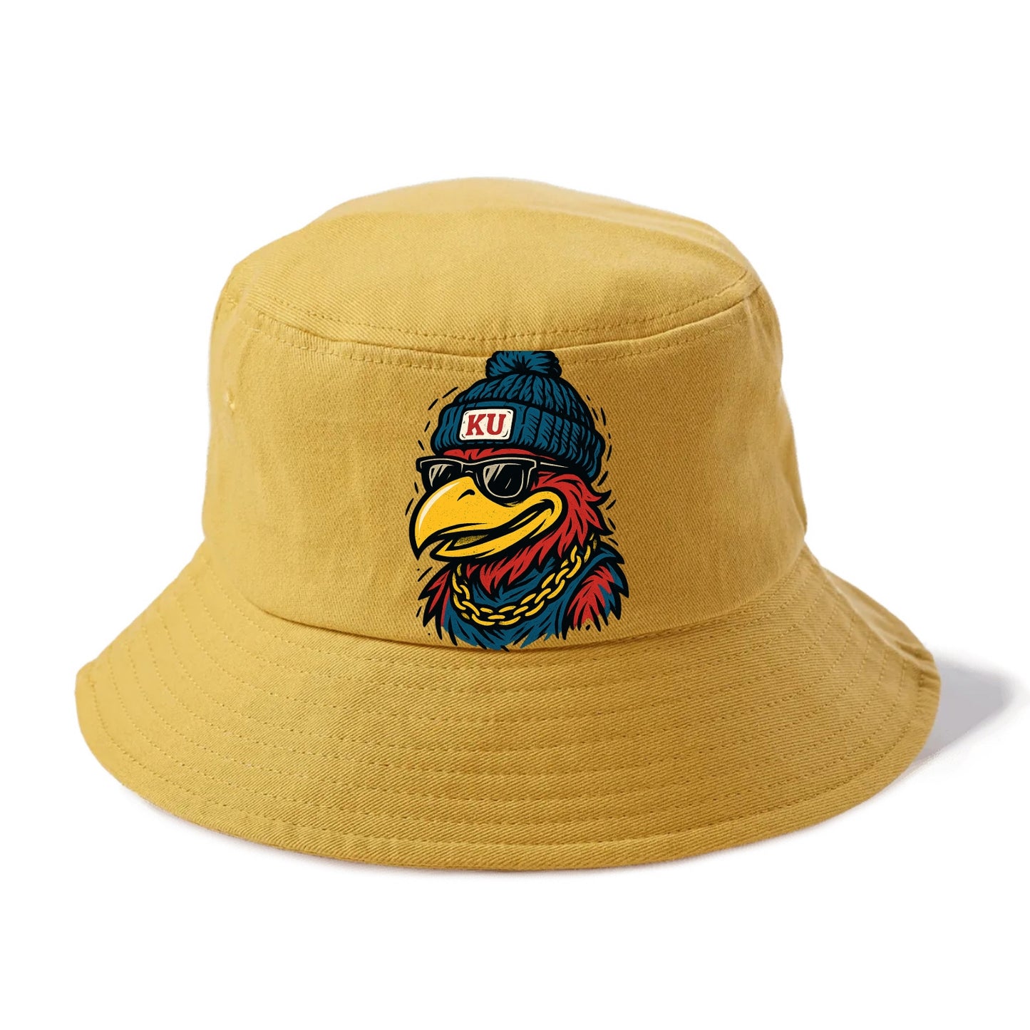 Lawrence Jayhawk wearing Kansas beanie with KU patch - Bucket Hat - Golden Harvest(Yellow)