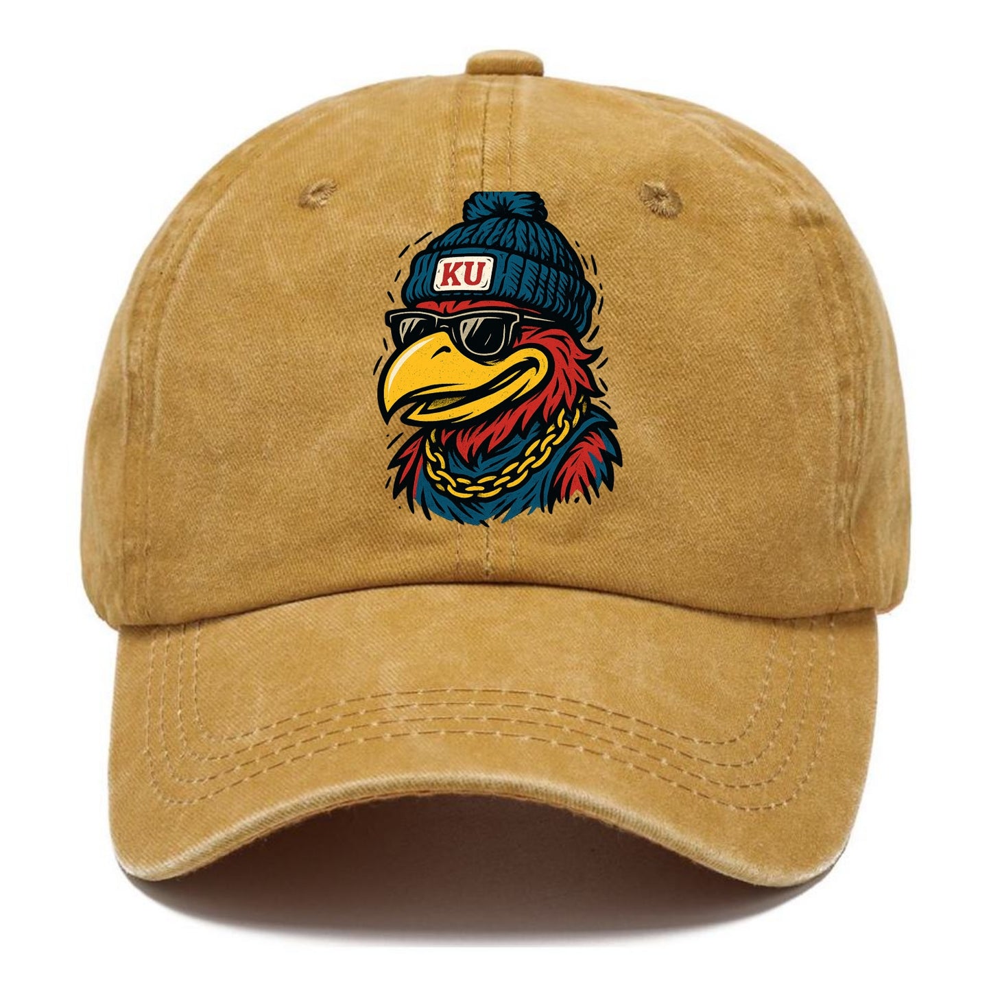 Lawrence Jayhawk wearing Kansas beanie with KU patch - Classic Cap - Golden Harvest(Yellow)
