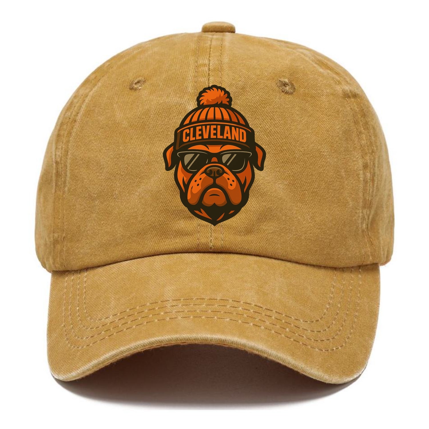 Cleveland Bulldog wearing Browns orange and brown beanie with pom pom and wayfarer - Classic Cap - Golden Harvest(Yellow)