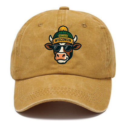 Wisconsin Cow wearing Packers beanie with Lambeau patch and wayfarer sunglasses - Classic Cap - Golden Harvest(Yellow)