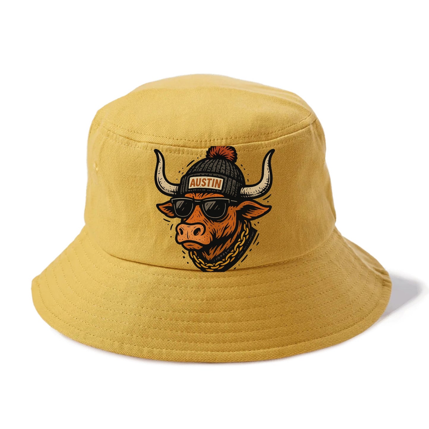 Texas Longhorn wearing Austin beanie with pom pom and wayfarer sunglasses - Bucket Hat - Golden Harvest(Yellow)