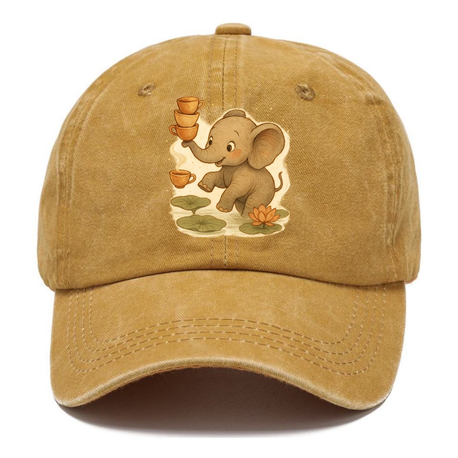 Elephant balancing teacups during a floating tea ceremony beside lotus ponds - Classic Cap - Golden Harvest(Yellow)
