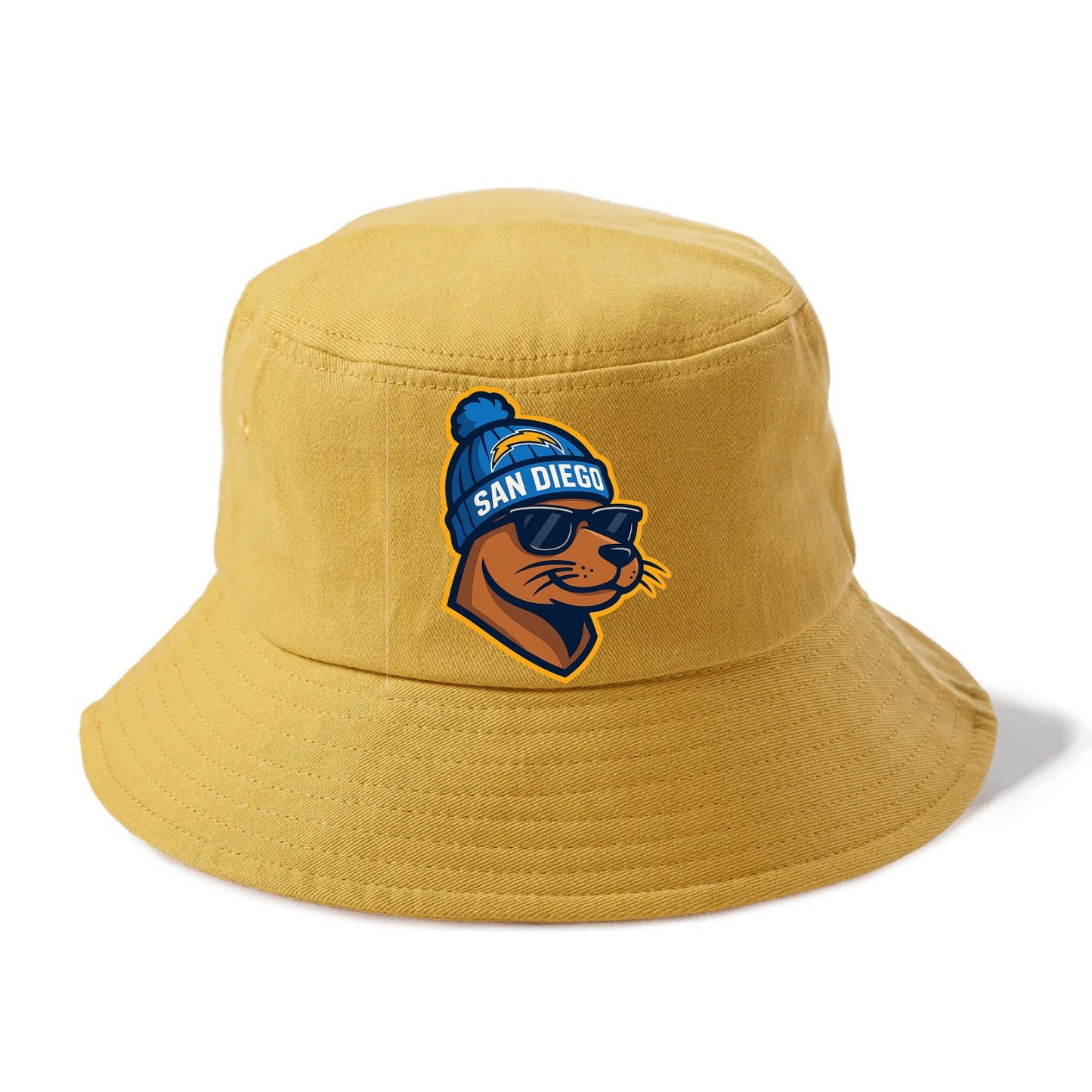 San Diego Sea Lion wearing Chargers beanie with bolt patch and wayfarer sunglasses - Bucket Hat - Golden Harvest(Yellow)