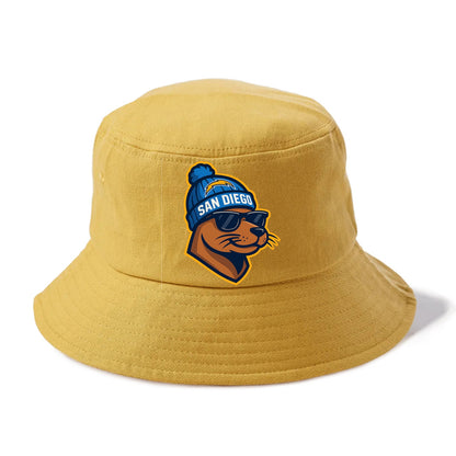 San Diego Sea Lion wearing Chargers beanie with bolt patch and wayfarer sunglasses - Bucket Hat - Golden Harvest(Yellow)
