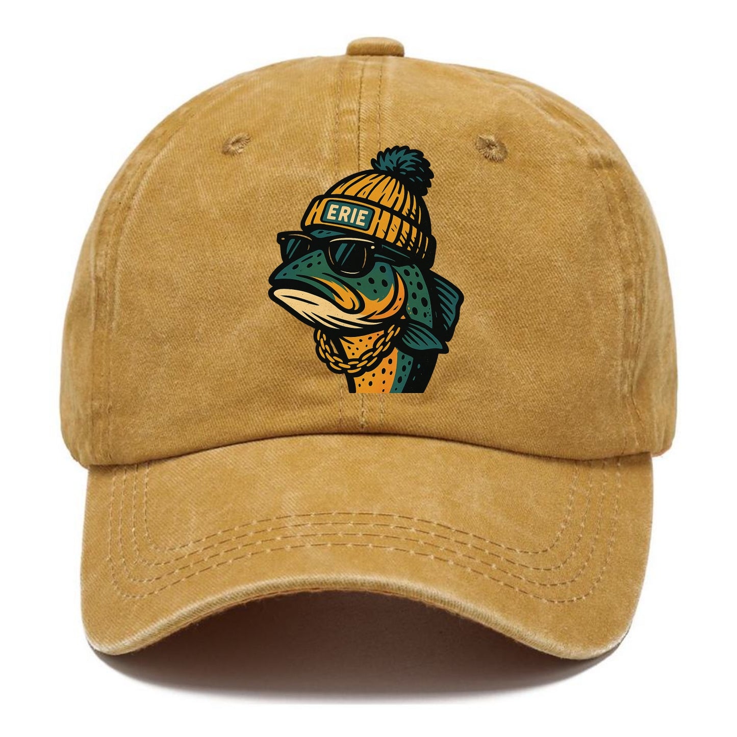 Erie Lake Trout wearing Erie beanie with pom pom and wayfarer sunglasses - Classic Cap - Golden Harvest(Yellow)
