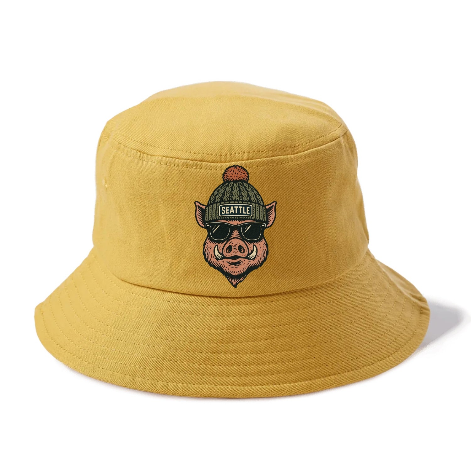Washington Hog wearing Seattle beanie with pom pom and wayfarer sunglasses - Bucket Hat - Golden Harvest(Yellow)