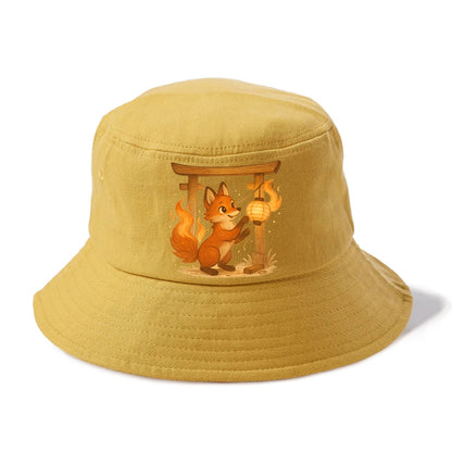 Foxfire kitsune stringing lanterns along a torii gate with tails of living flame - Bucket Hat - Golden Harvest(Yellow)