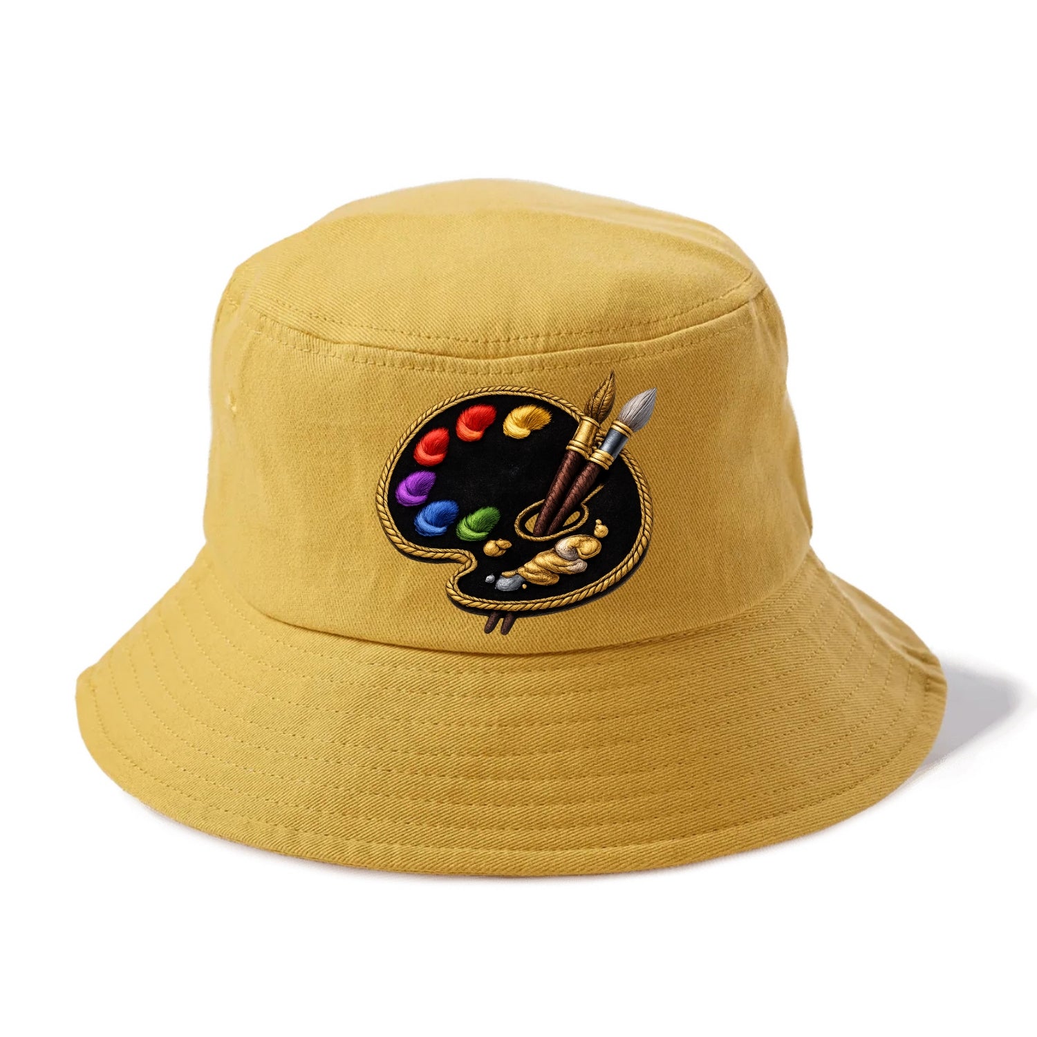 Embroidered patch design - PAINT PALETTE - artist palette with brushes in rainbow and - Bucket Hat - Golden Harvest(Yellow)