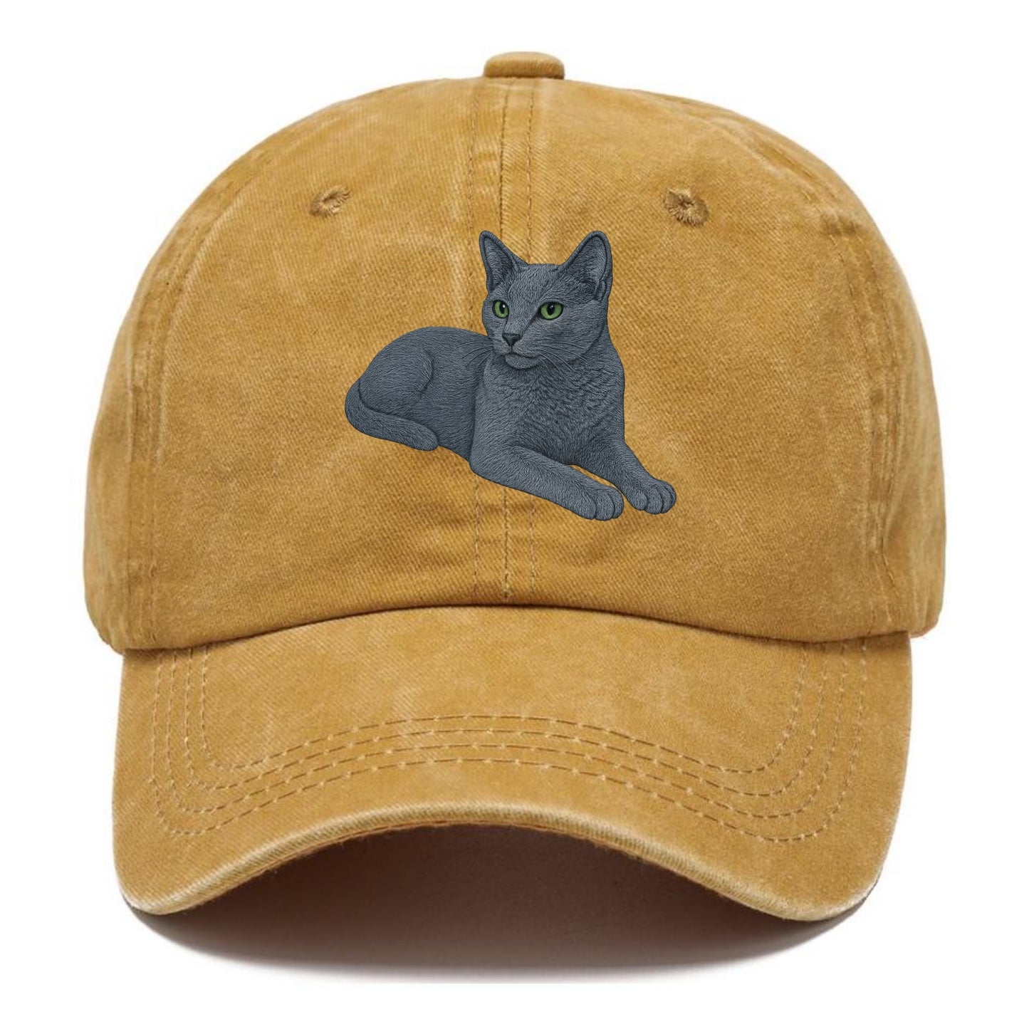 Russian Blue  relaxed lying down with he Classic Cap - Golden Harvest(Yellow)