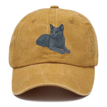 Russian Blue  relaxed lying down with he Classic Cap - Golden Harvest(Yellow)