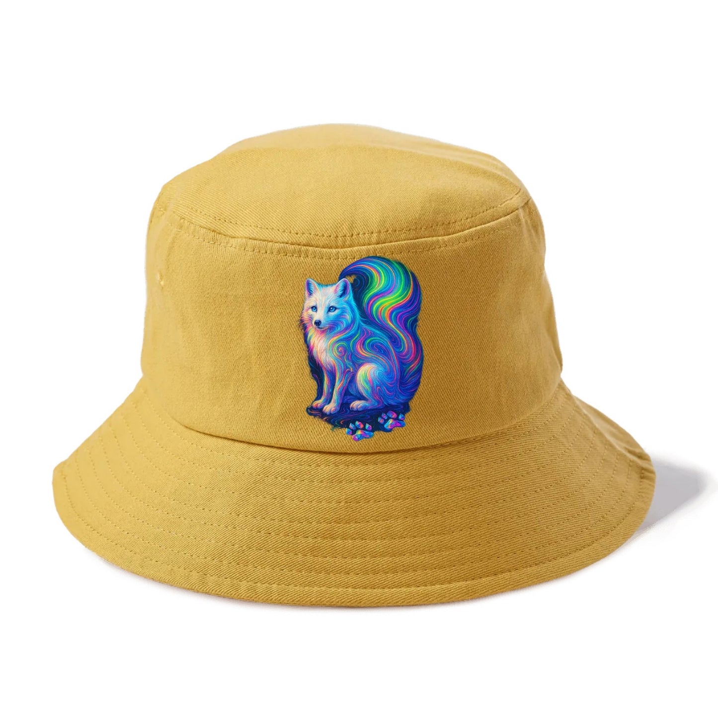 Graceful arctic fox with tail streaming aurora colors, white fur with prismatic - Bucket Hat - Golden Harvest(Yellow)
