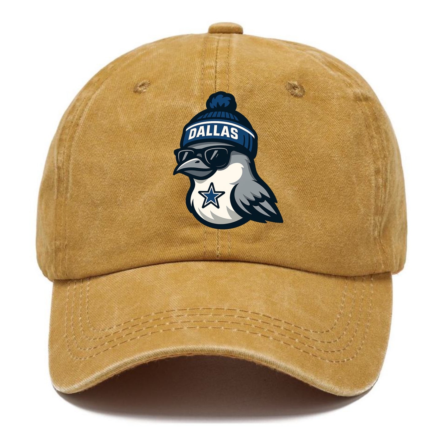 Dallas Mockingbird wearing Cowboys beanie with sheriff star and wayfarer sunglasses - Classic Cap - Golden Harvest(Yellow)