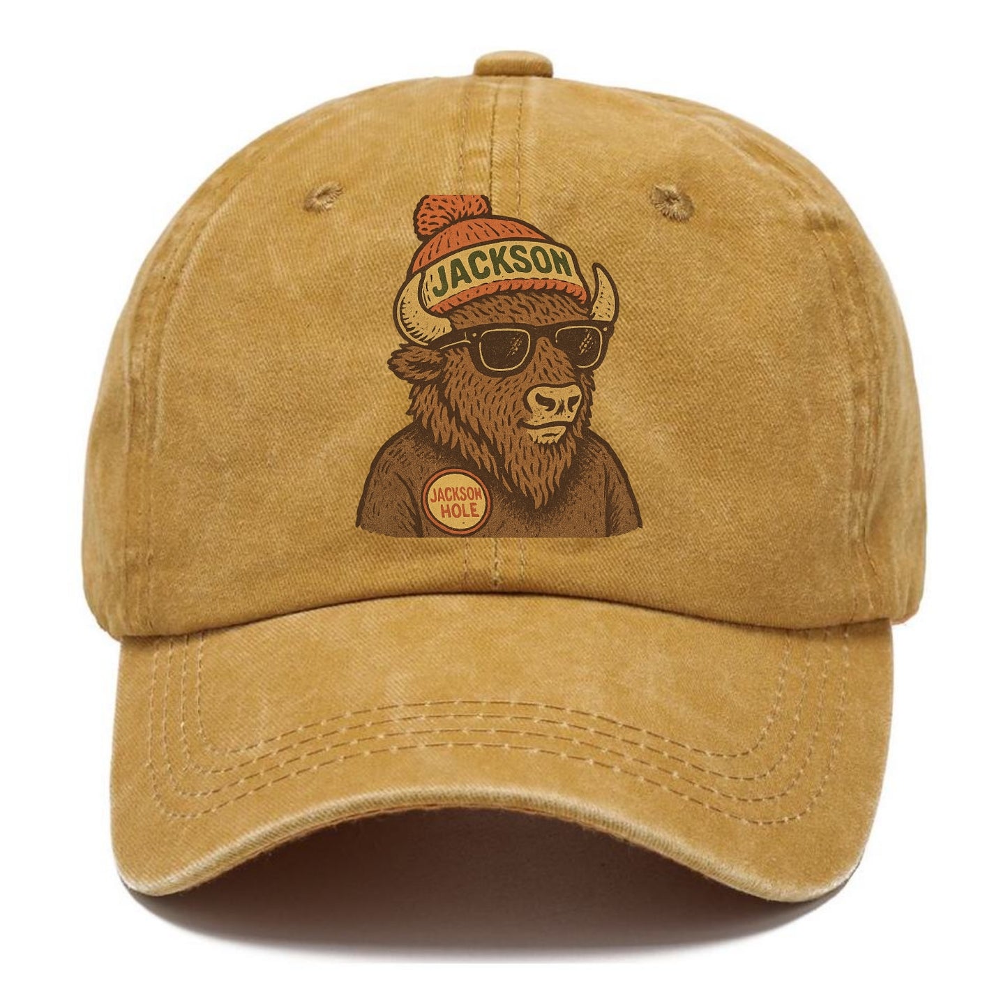 Jackson Hole Bison wearing Jackson beanie with pom pom and wayfarer sunglasses - Classic Cap - Golden Harvest(Yellow)