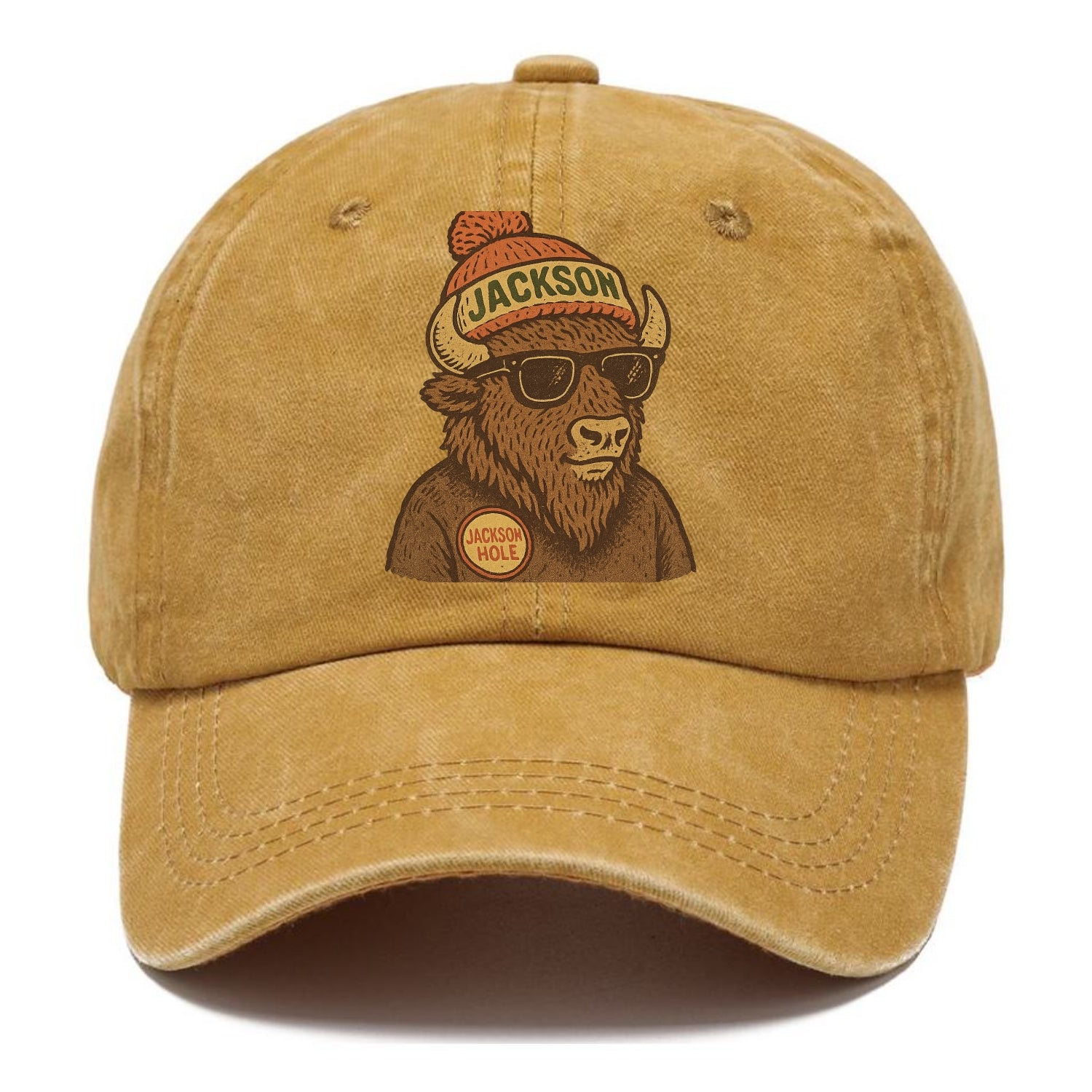 Jackson Hole Bison wearing Jackson beanie with pom pom and wayfarer sunglasses - Classic Cap - Golden Harvest(Yellow)