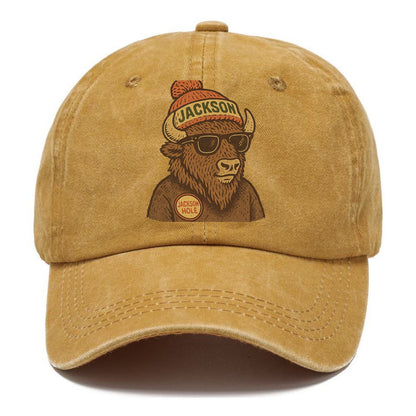 Jackson Hole Bison wearing Jackson beanie with pom pom and wayfarer sunglasses - Classic Cap - Golden Harvest(Yellow)