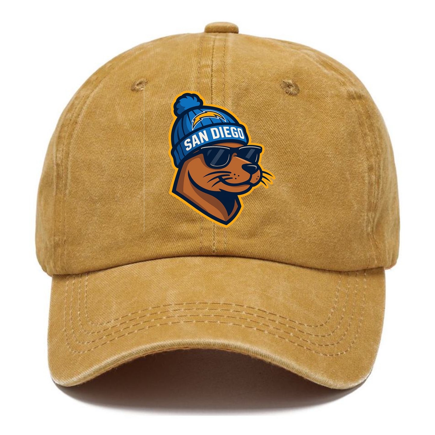 San Diego Sea Lion wearing Chargers beanie with bolt patch and wayfarer sunglasses - Classic Cap - Golden Harvest(Yellow)