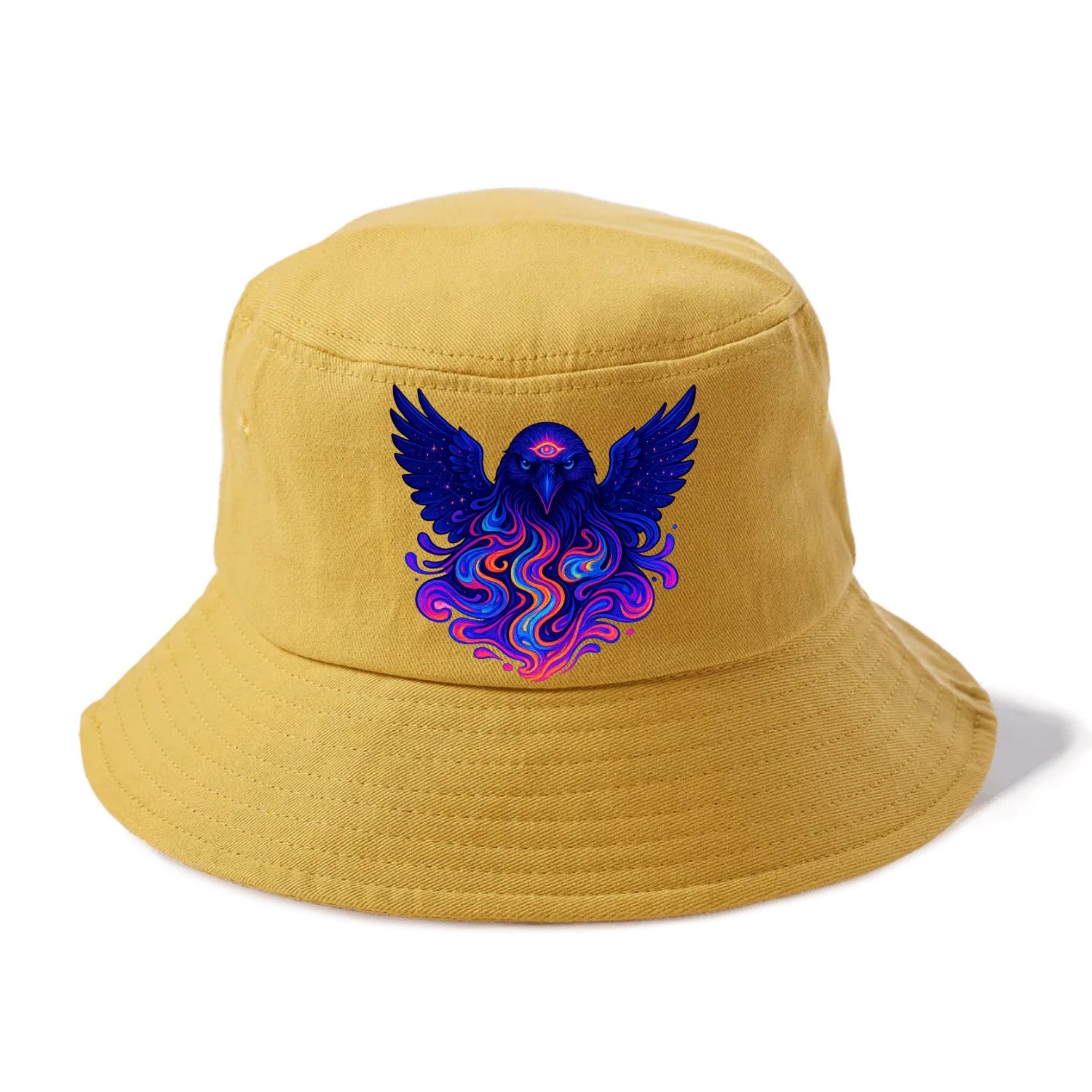 Mysterious raven with feathers showing future visions in neon colors, wings spread - Bucket Hat - Golden Harvest(Yellow)