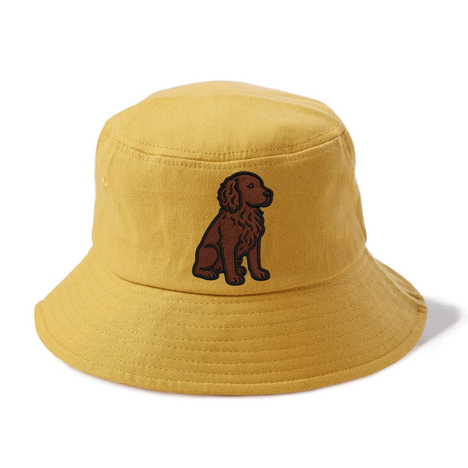 Boykin Spaniel - Rich chocolate brown wavy coat embroidered sitting pose - Bucket Hat - Golden Harvest(Yellow)