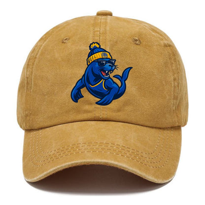 Bay Area Sea Lion wearing Warriors blue and gold beanie with Golden Gate and wayfarer - Classic Cap - Golden Harvest(Yellow)