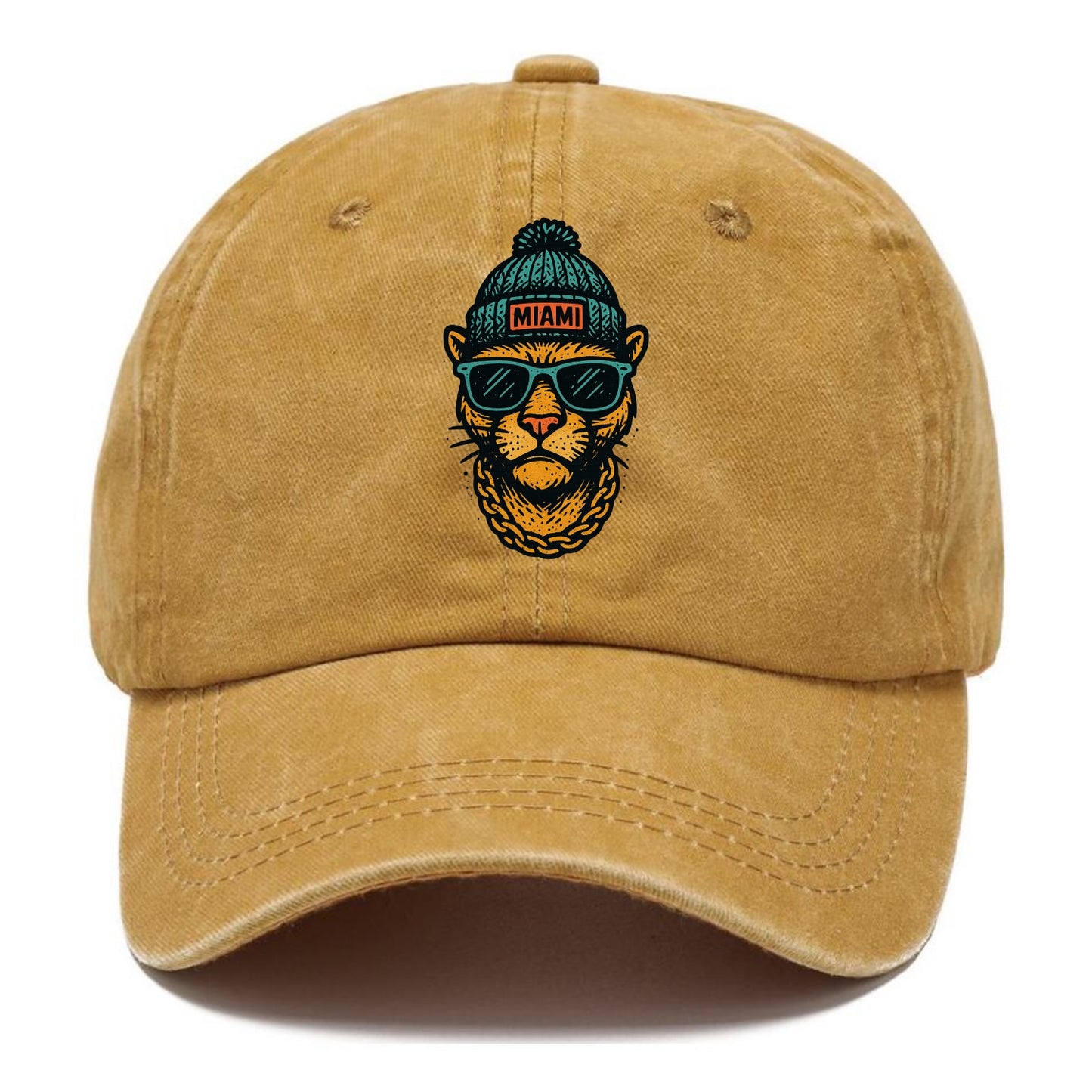 Florida Panther wearing Miami beanie with pom pom and wayfarer sunglasses - Classic Cap - Golden Harvest(Yellow)