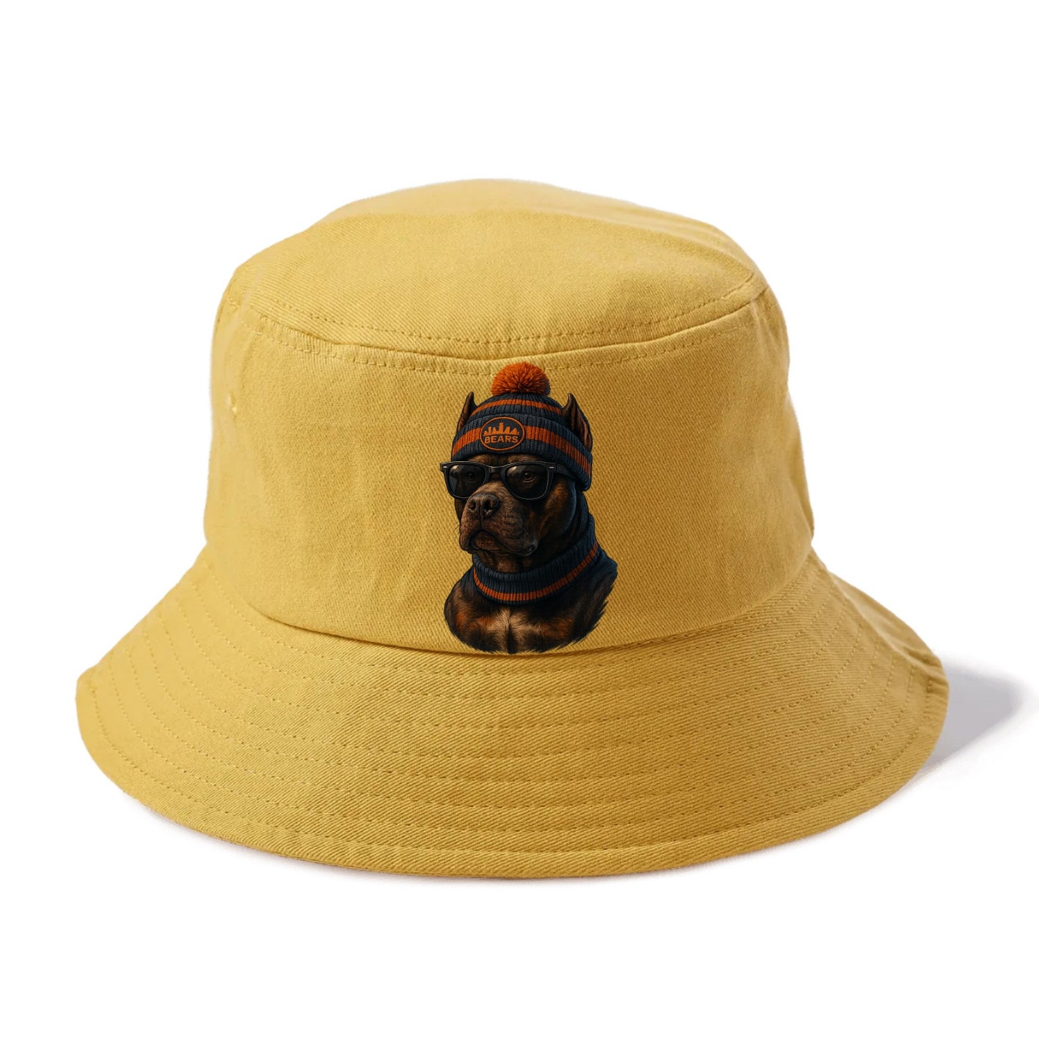 Chicago Pitbull wearing Bears beanie with skyline patch and wayfarer sunglasses - Bucket Hat - Golden Harvest(Yellow)