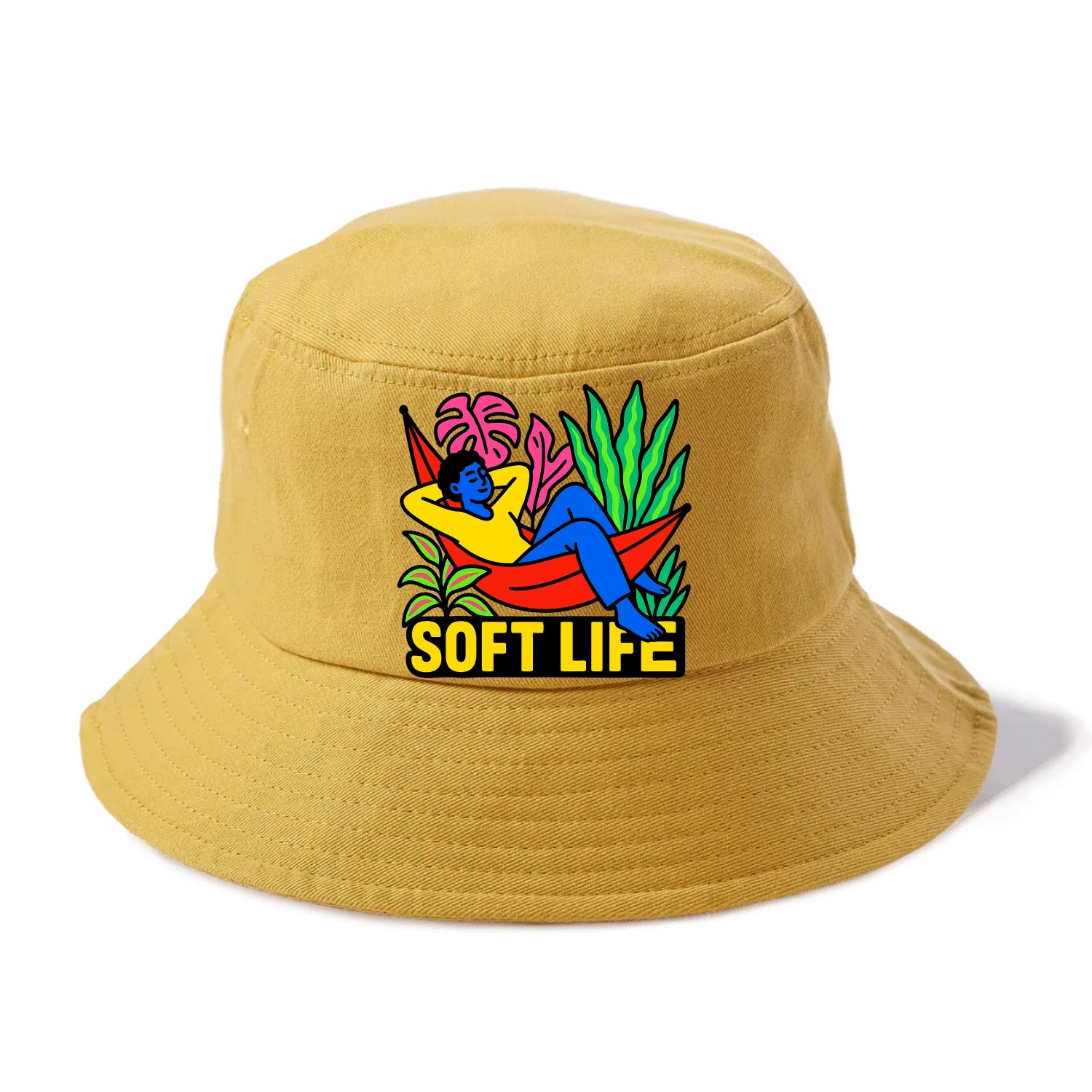 Person relaxing in hammock with plants - "soft life" aesthetic, peaceful living goals - Bucket Hat - Golden Harvest(Yellow)