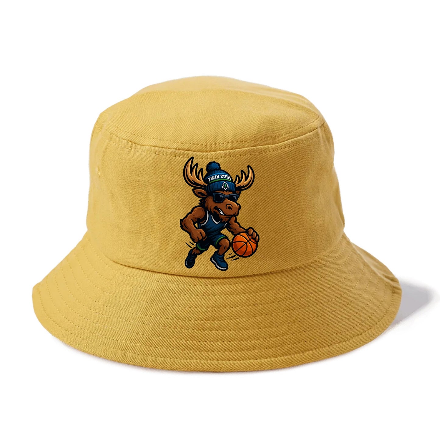 Twin Cities Moose wearing Timberwolves beanie with pine tree patch and wayfarer - Bucket Hat - Golden Harvest(Yellow)