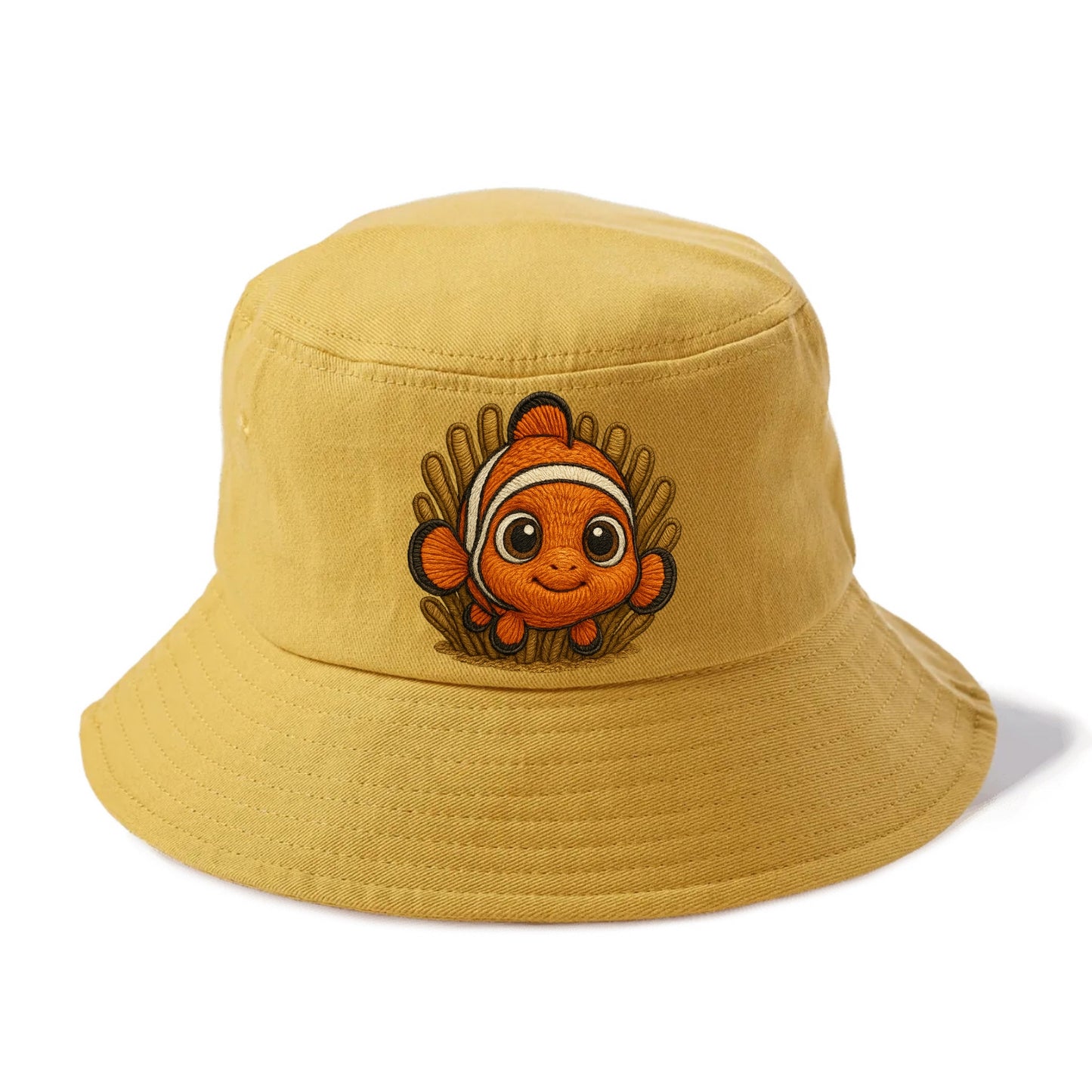 Baby Clownfish - orange with white stripes, big round eyes, front-facing in anemone, - Bucket Hat - Golden Harvest(Yellow)