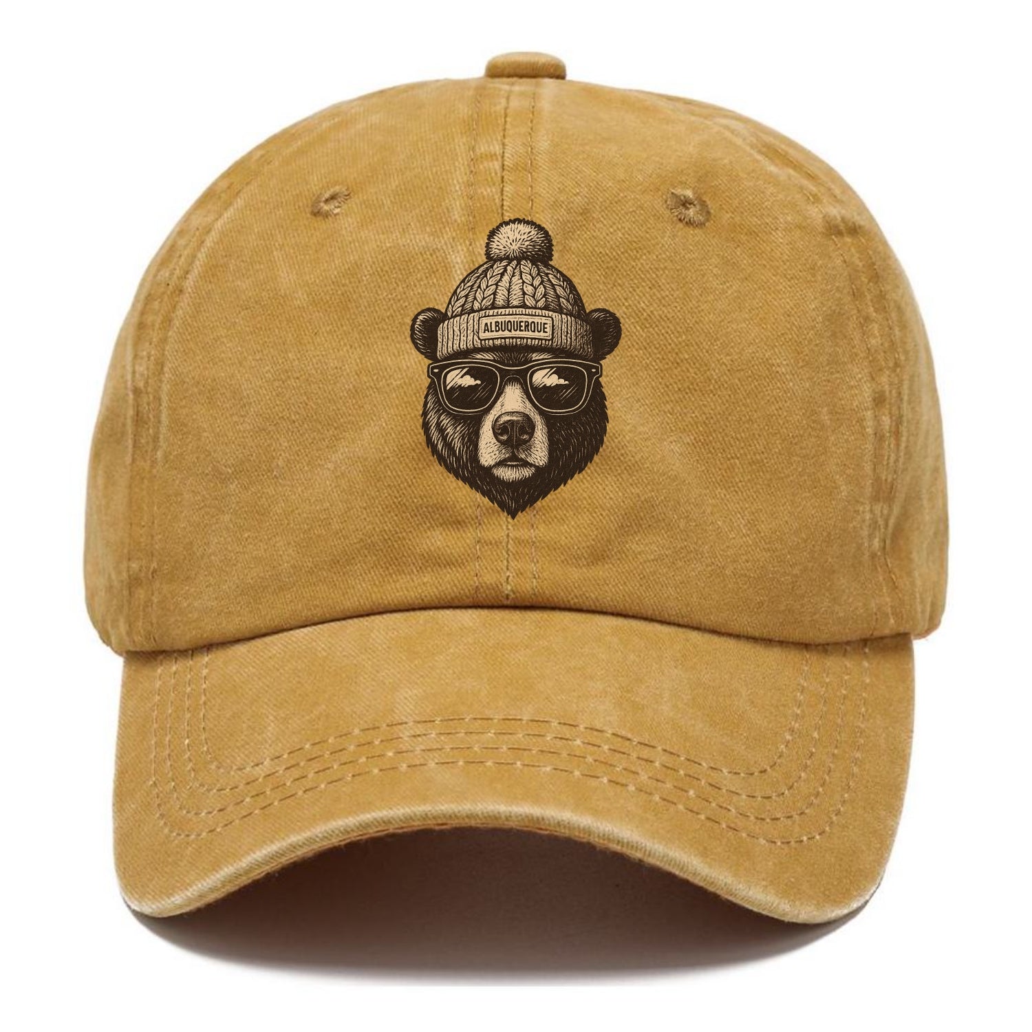New Mexico Black Bear wearing Albuquerque beanie with pom pom and wayfarer sunglasses - Classic Cap - Golden Harvest(Yellow)
