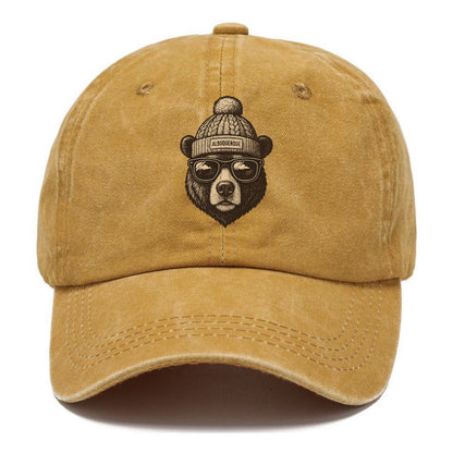 New Mexico Black Bear wearing Albuquerque beanie with pom pom and wayfarer sunglasses - Classic Cap - Golden Harvest(Yellow)