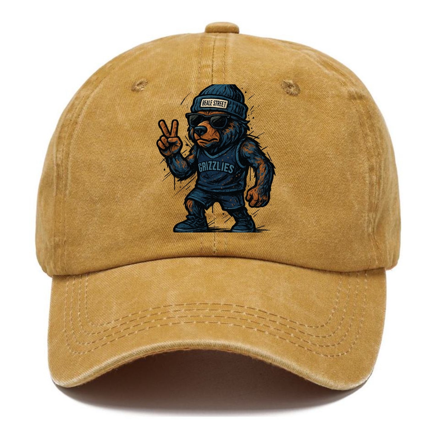Memphis Grizzly Bear wearing Grizzlies navy and light blue beanie with Beale Street - Classic Cap - Golden Harvest(Yellow)