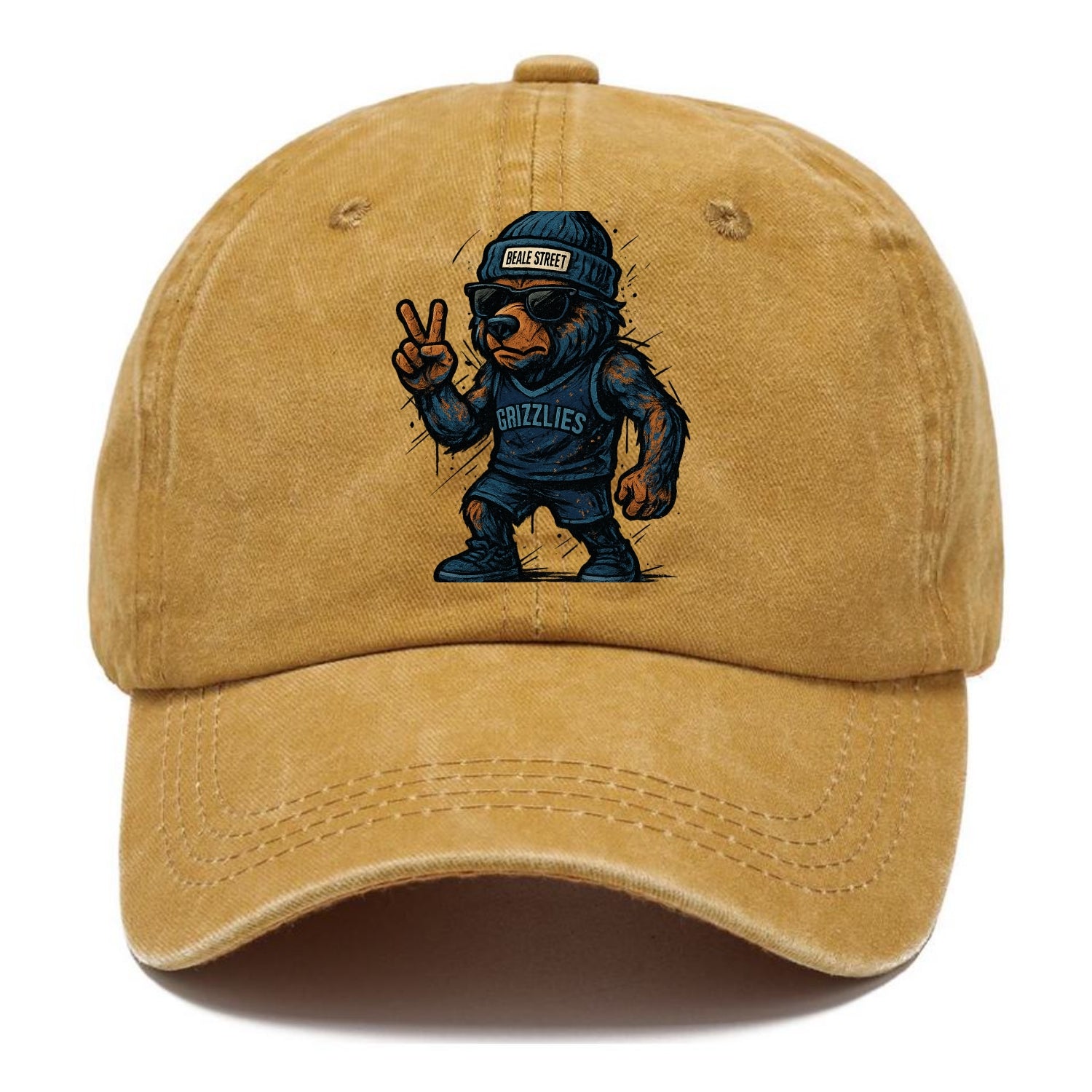 Memphis Grizzly Bear wearing Grizzlies navy and light blue beanie with Beale Street - Classic Cap - Golden Harvest(Yellow)