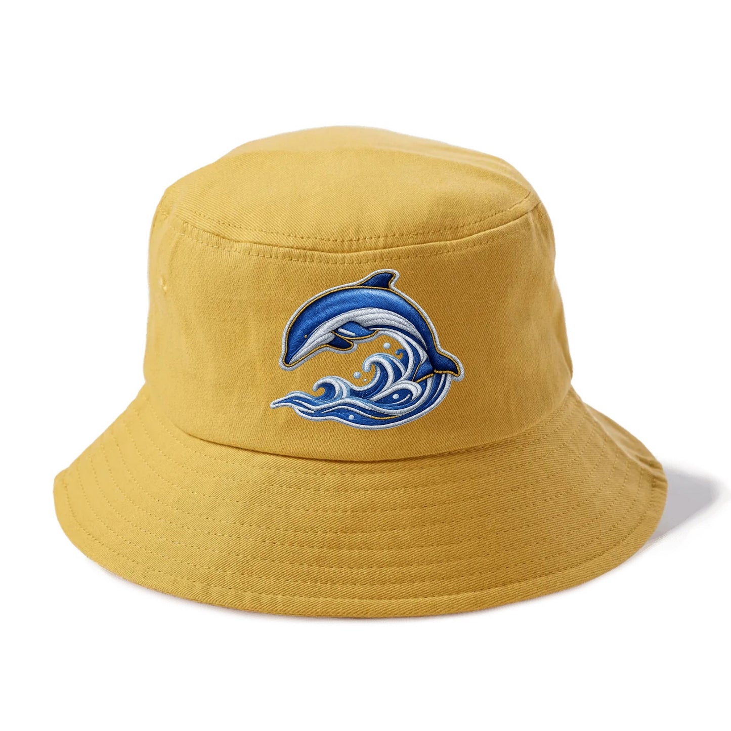 Embroidered patch design - SWIMMING DOLPHIN - diving dolphin with waves in blue and - Bucket Hat - Golden Harvest(Yellow)
