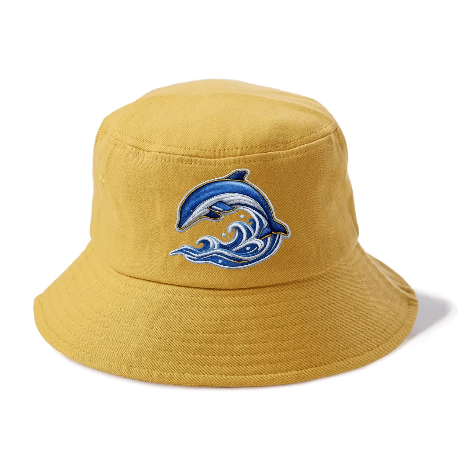 Embroidered patch design - SWIMMING DOLPHIN - diving dolphin with waves in blue and - Bucket Hat - Golden Harvest(Yellow)
