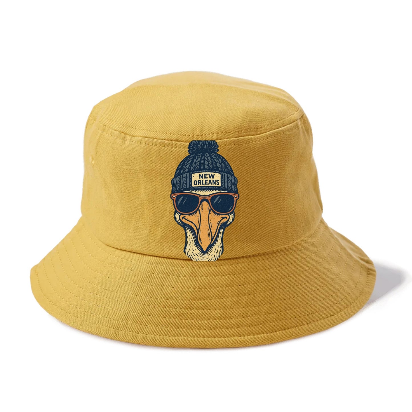 New Orleans Pelican wearing New Orleans beanie with pom pom and wayfarer sunglasses - Bucket Hat - Golden Harvest(Yellow)