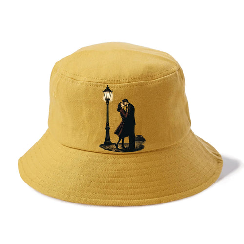 first kiss under vintage street lamp on cobblestone at night - Bucket Hat
