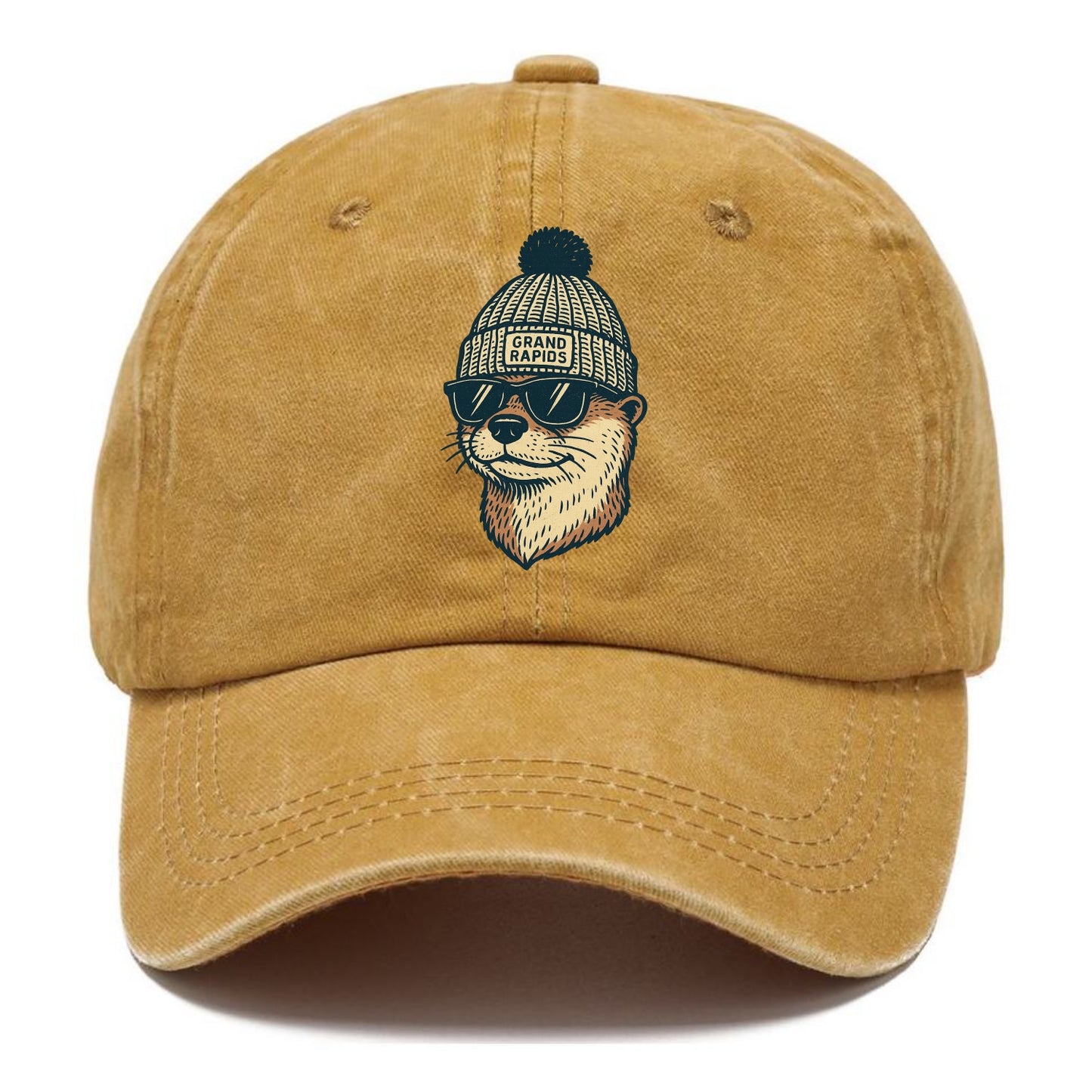 Grand Rapids River Otter wearing Grand Rapids beanie with pom pom and wayfarer - Classic Cap - Golden Harvest(Yellow)
