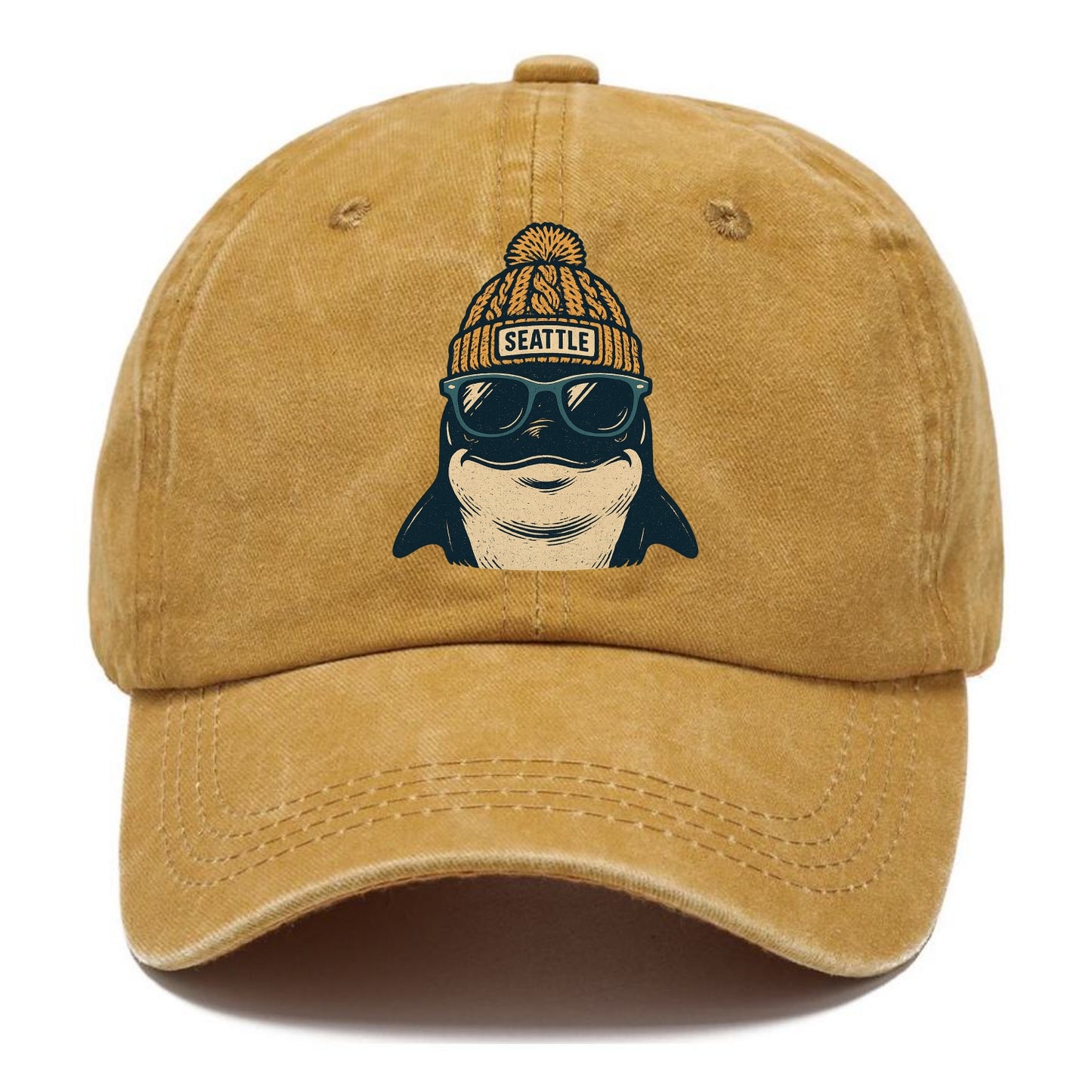 Seattle Orca wearing Seattle beanie with pom pom and wayfarer sunglasses - Classic Cap - Golden Harvest(Yellow)