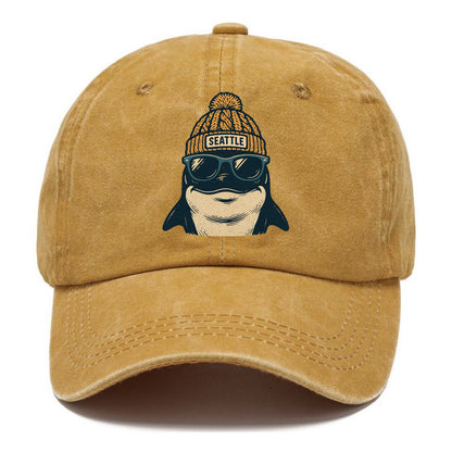Seattle Orca wearing Seattle beanie with pom pom and wayfarer sunglasses - Classic Cap - Golden Harvest(Yellow)