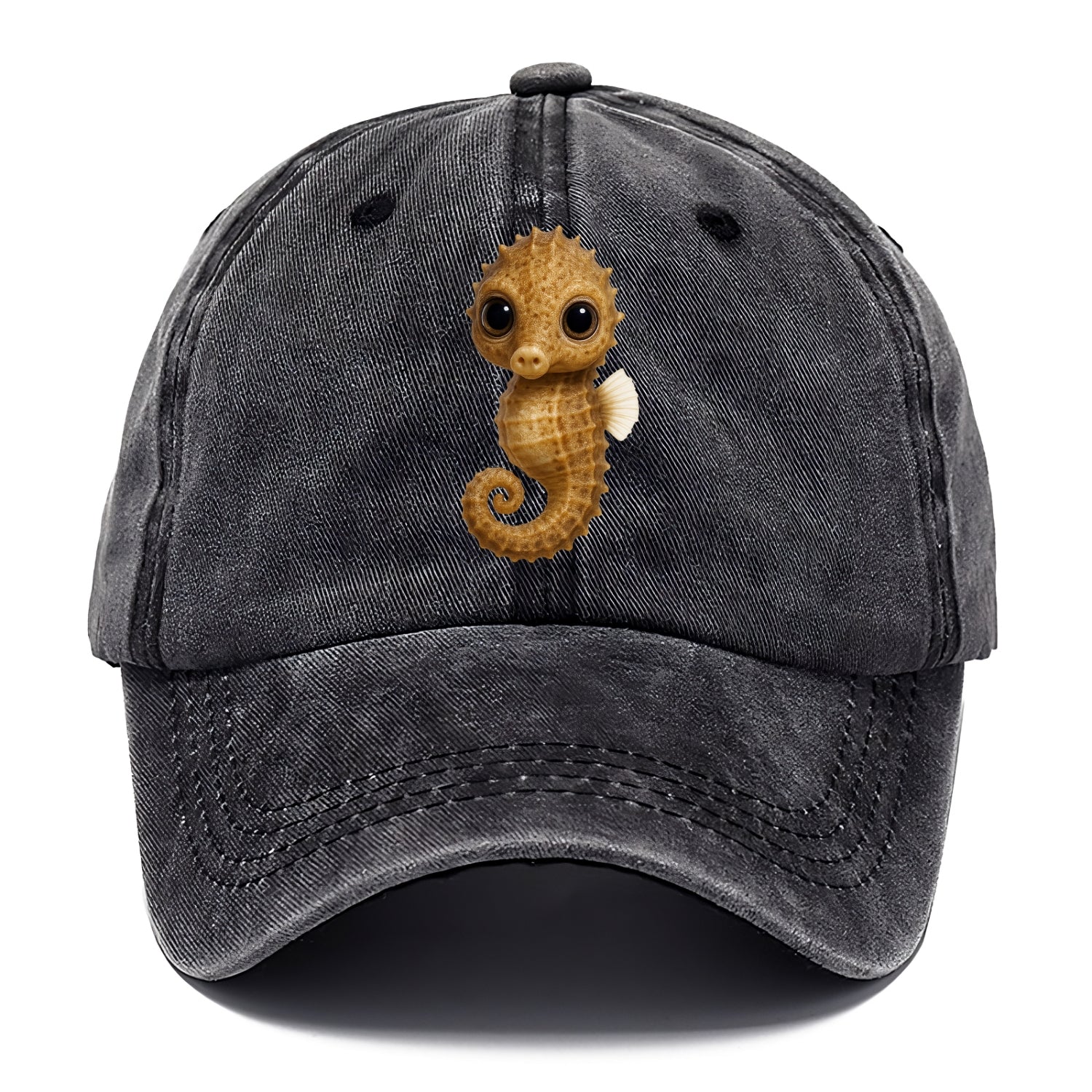 Baby Seahorse - curled tail, snout, large eyes, front-facing, delicate and cute - Classic Cap - Graphite