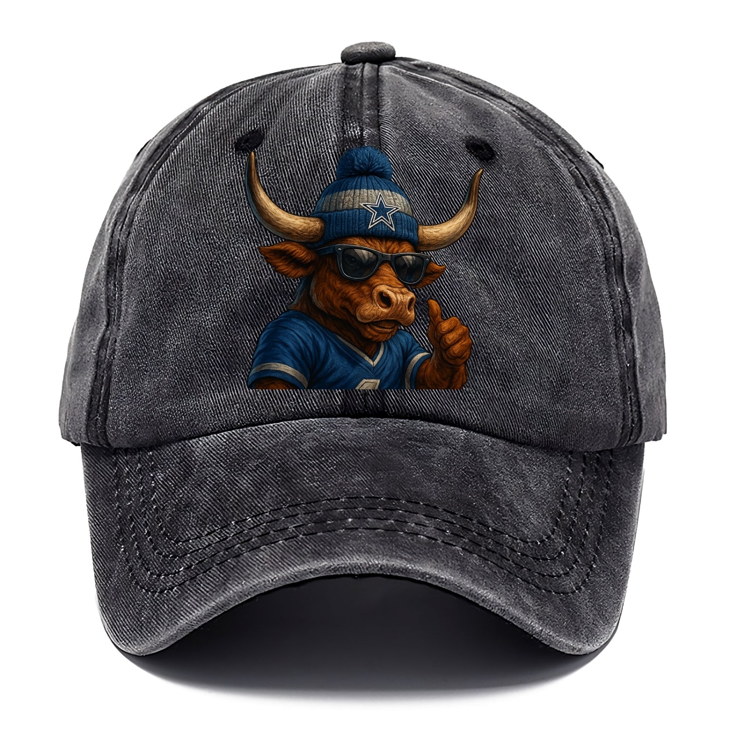Texas Longhorn wearing Cowboys silver and blue beanie with star and wayfarer - Classic Cap - Graphite